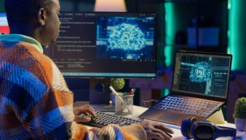 Black man programmer manages code and scripts in artificial intelligence